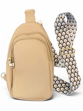 Ahdorned Tan Vegan Leather Crossbody Sling Bag with Patterned Strap Like New